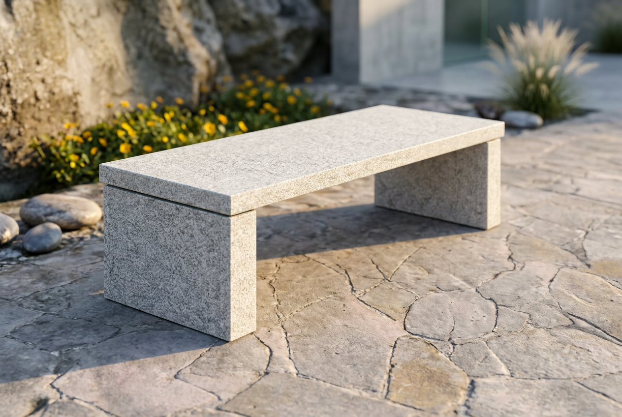 Granite bench crafted in a refined outdoor stone setting
