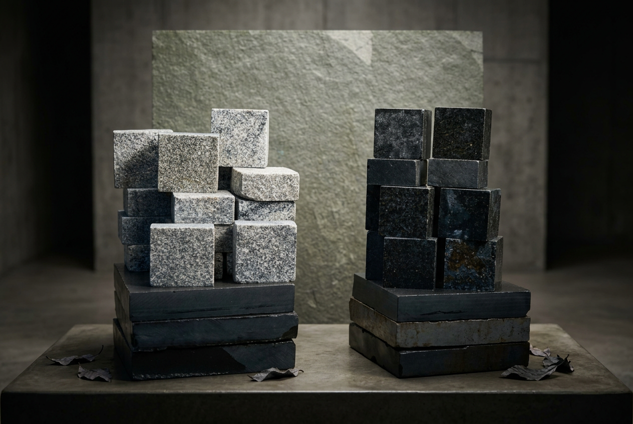 Black and grey granite cobble blocks displayed as premium stone products