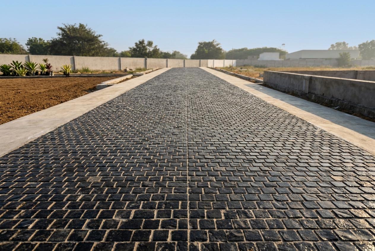 Black cobble stone driveway installed in a premium outdoor setting