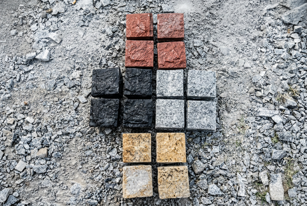 Granite stone finishes arranged to show color and texture options