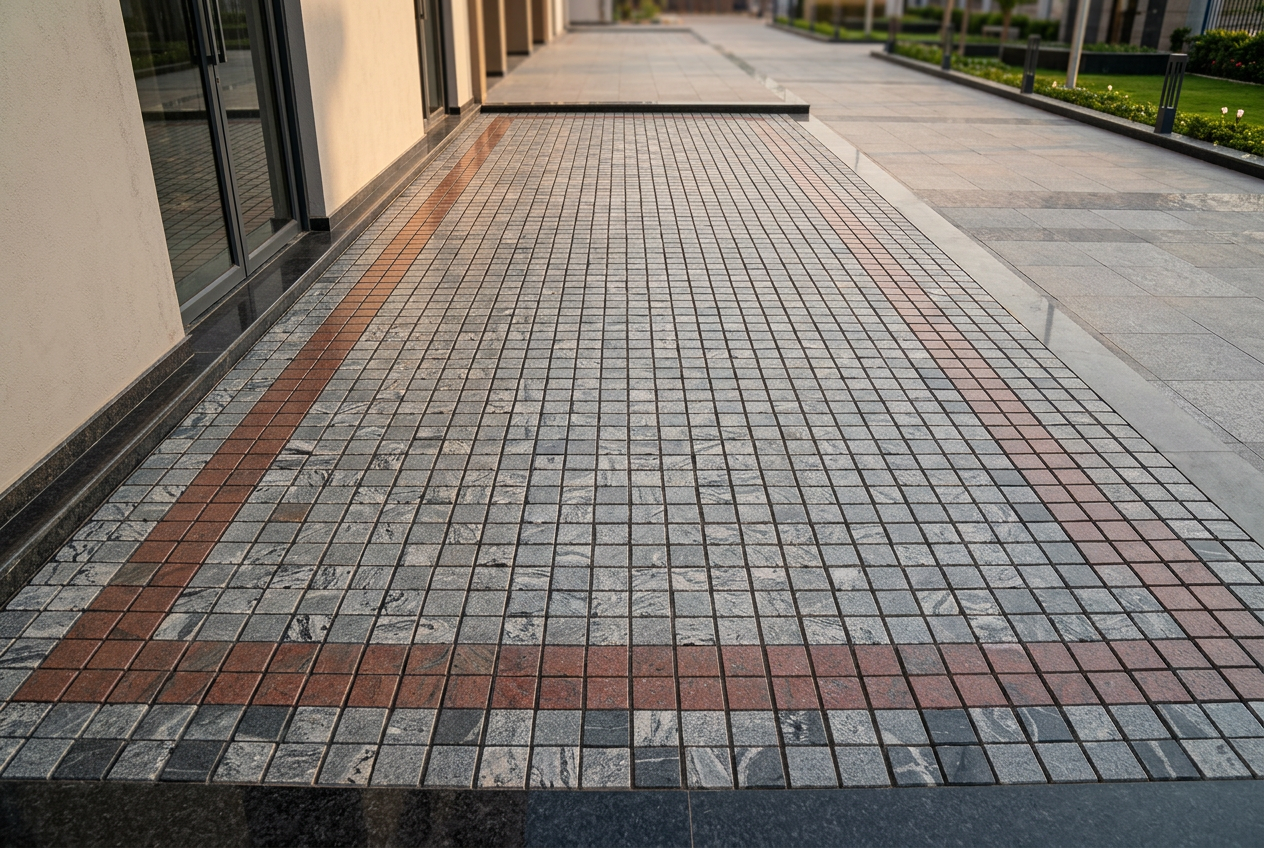 Installed paving stone surface showing precise granite craftsmanship