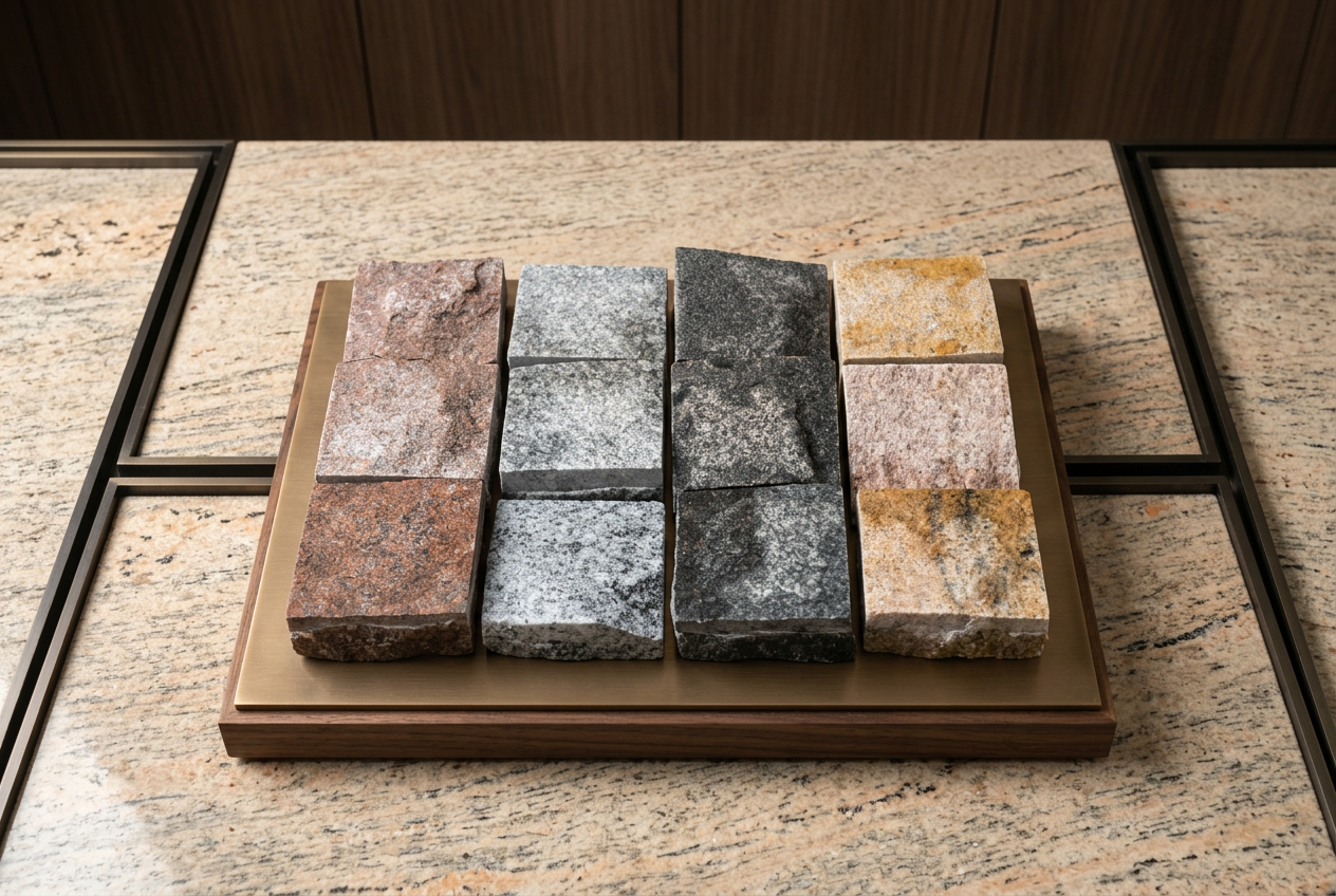 Premium cobble stone samples presented in a luxury showroom composition